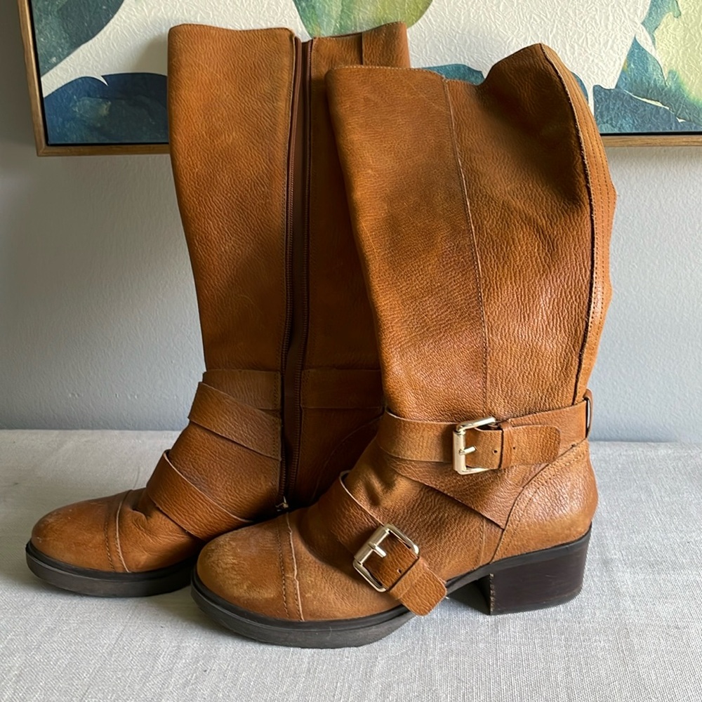 Bcbg generation cognac leather tall moto boot with gold buckles